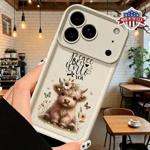 Cute Floral Highland Cow Cartoon Pattern Case for iPhone 17 16 15 14 Pro Max 13 12 11 XR XS Plus Air Slim Shockproof Anti Drop Protective Durable TPU Cover
