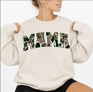 Women's Fitted Classic Long Sleeve Crewneck Cotton Sweatshirt - MAMA Printed Camo Old School Bottomland Pattern, Casual Hunting Season Top Gift for Camo Mom