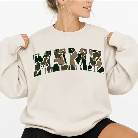 Women's MAMA Camo Print Sweatshirt, Classic Fit Long Sleeve Crewneck in a Soft Cotton-Polyester Blend, Gift for Moms
