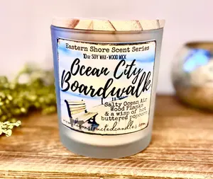 SOY Candle - Ocean City Boardwalk Scent - EASTERN SHORE SCENT SERIES - Wood Wick - clear frosted glass votive w/ wood lid