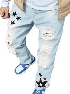 Blue Ripped Jeans for men Straight Leg Fashion Comfort Mid Waist Denim Pants Star Embroidery Casual Trousers Streetwear Street Style