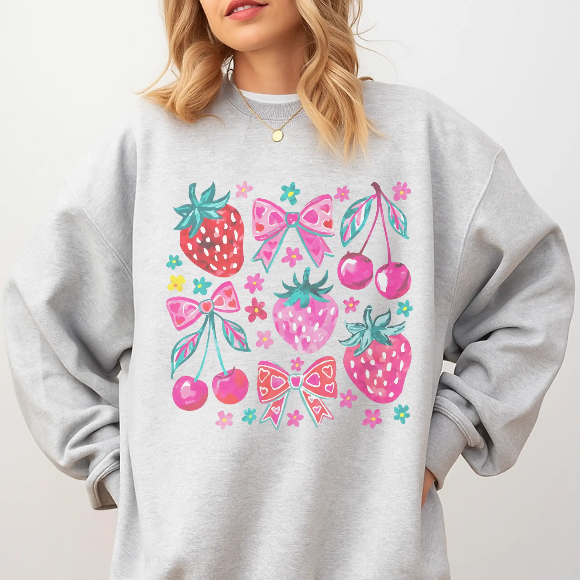 Valentines - Strawberry Cherry and Bows  Sweatshirt - Ash Grey - Preppy Fit Aesthetic Jersey Unisex Vintage Hoodie