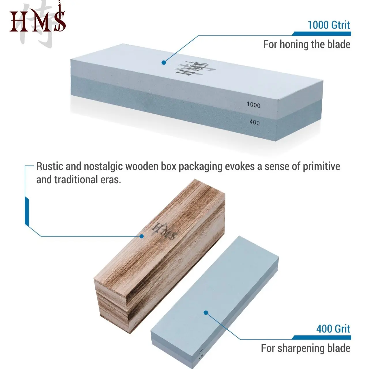 HMS Double Side Whetstone, Rough #400, Medium #1000, Swords Blade Sharpening Stone Kitchen Knife Knives