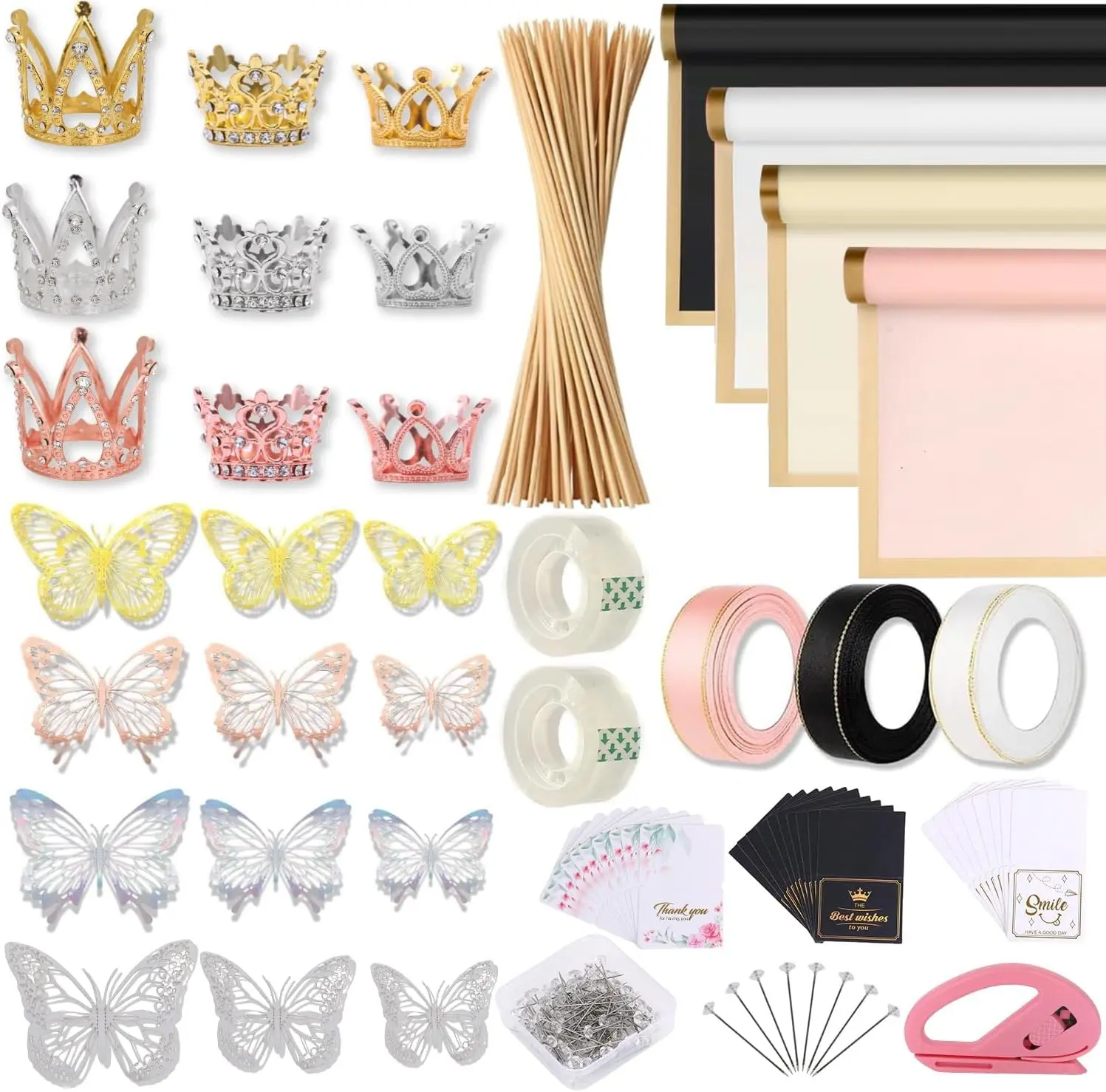 Floral Wrapping Paper Kit, 80Sheet Waterproof Floral Paper, 3Rolls Ribbon for Flower Bouquet, 2Rolls Transparent Tape, 100Pcs Flower Pins, 48Pcs 3D Butterflies, 9Pcs Crowns for Florist Wrapping