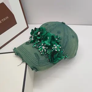 Dark green flower embroidered baseball cap female Korean version of super fairy fashion colorful sequins rhinestone sunscreen light luxury peaked hat