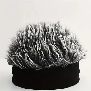 Men's Faux Fur Beanie Hat Funky Hip-Hop Brimless Cap with Straight Hair Design Black & White Streetwear Hat for Parties Cosplay Festivals