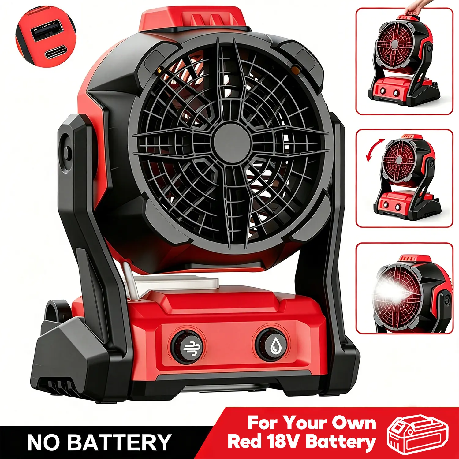 Portable Misting Fan for Milwaukee M18V Max Battery( Tool Only), Battery Powered Electric Mist Fan for Outside Camping Tent Room Office Jobsite Fishing, Oscillating Cooling Fan with Hook, Charging Port, Red