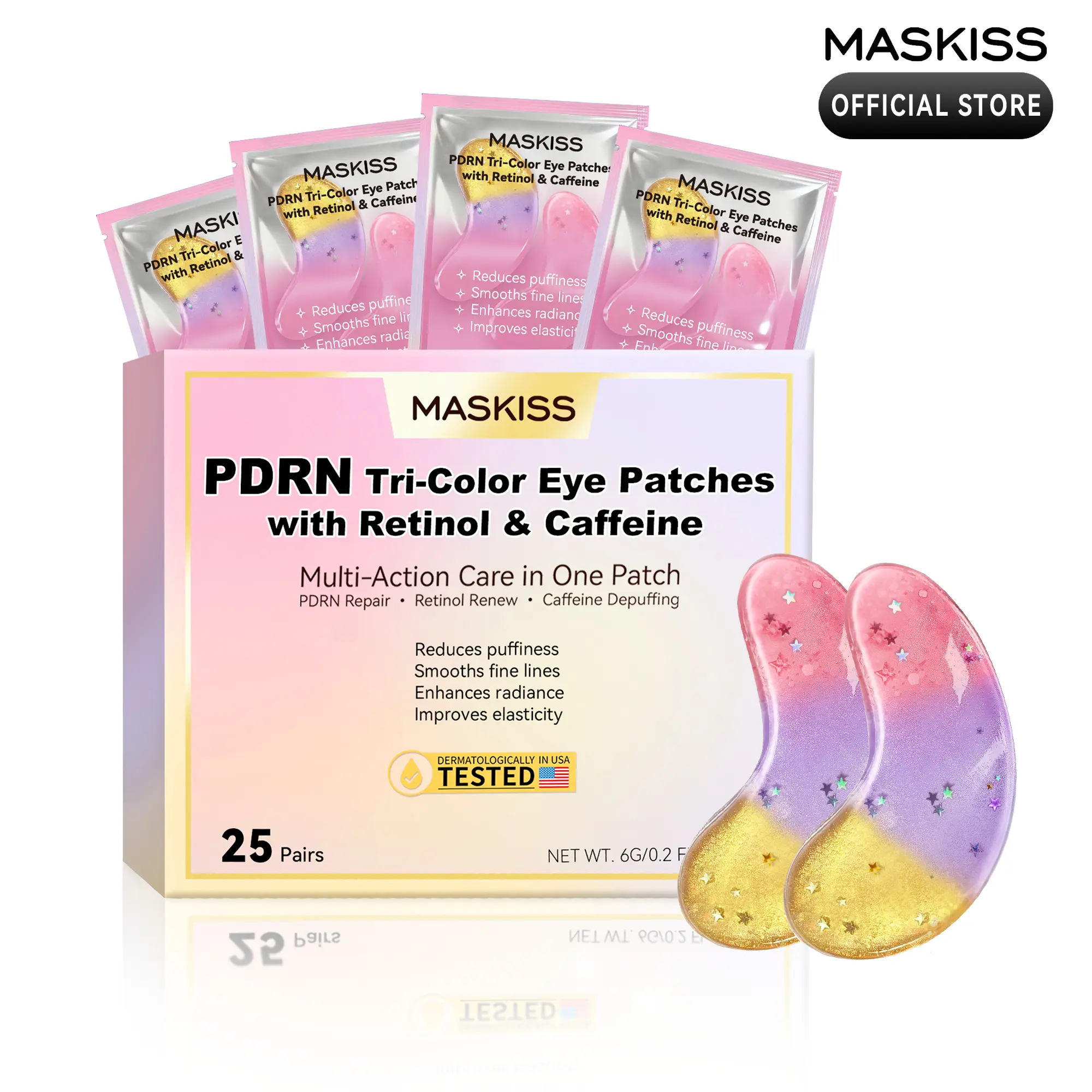 MASKISS Under Eye Patches – PDRN + Retinol + Caffeine Eye Mask for Dark Circles, Puffiness & Fine Lines | Tri-Color Hydrogel | 25 Pairs