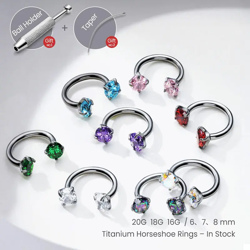 18G/16G Titanium Horseshoe Nose Ring (Free Ball Holder) Internally Threaded Gems,Earring Daith Cartilage Helix,Piercing Jewelry