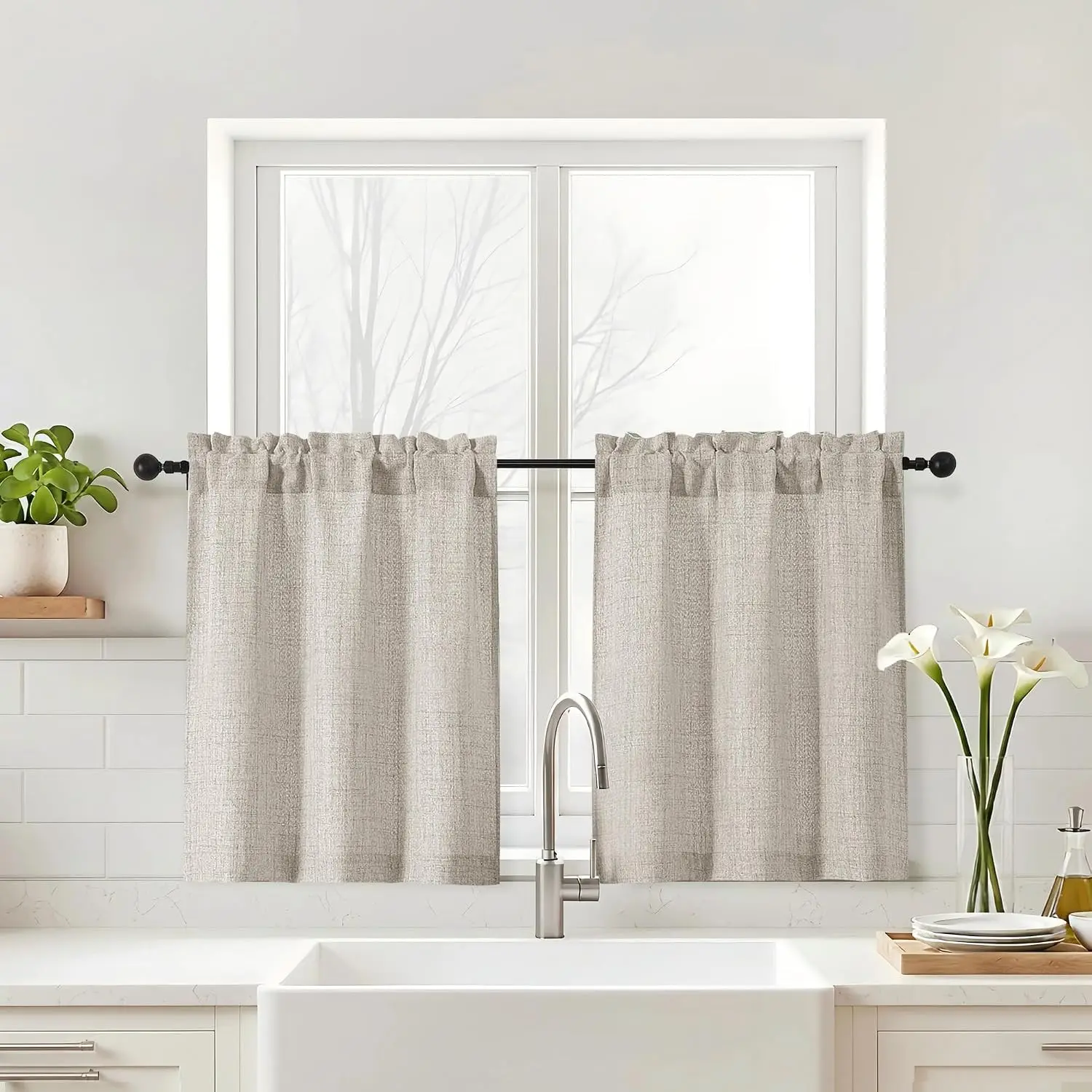 Kitchen Curtains 24 Inch Length - Faux Linen Textured Light Filtering Short Curtains for Bathroom, Rod Pocket Small Kitchen Window Curtains Over Sink, 2 Panels, Linen Color, 30Wx24L Inches