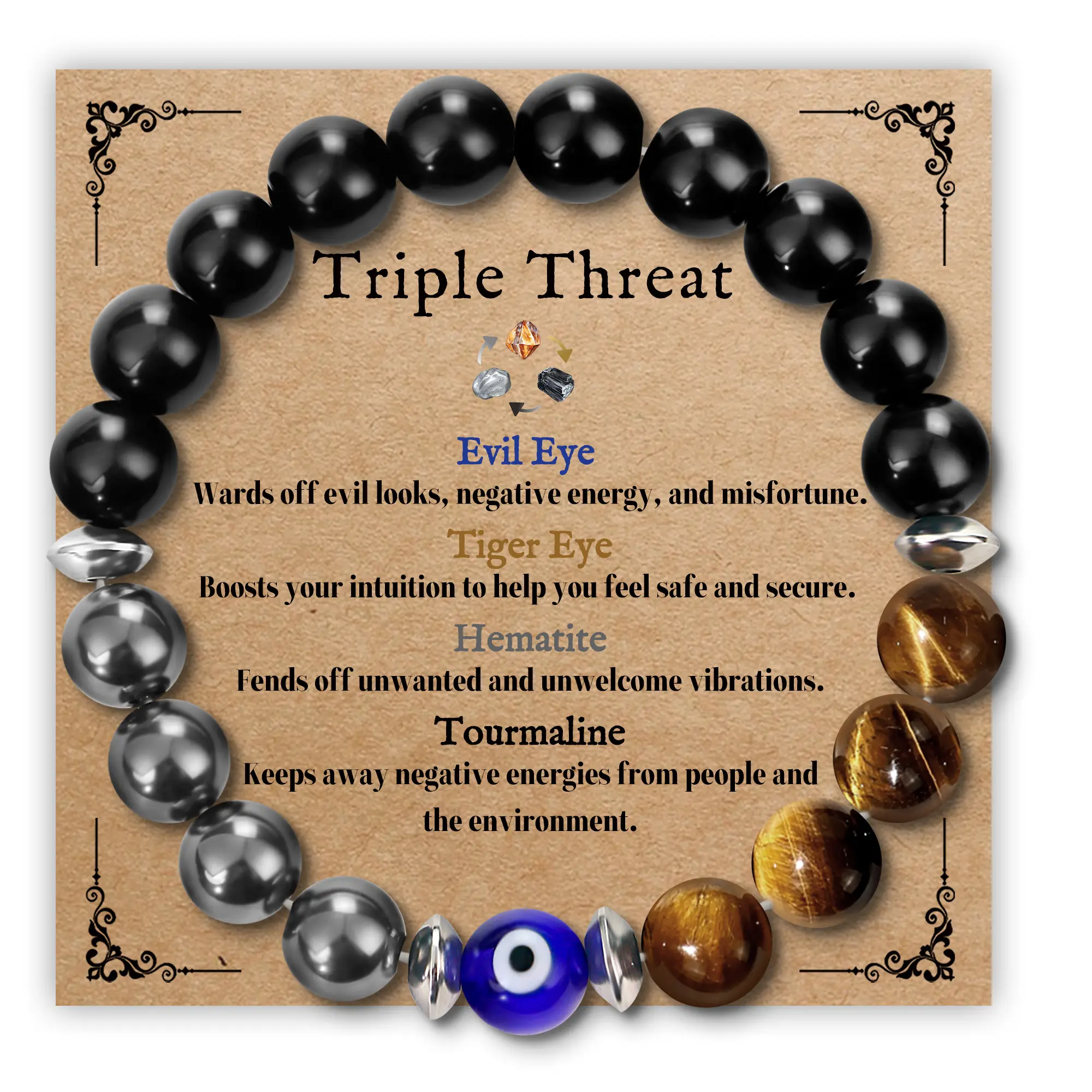 SmileBelle Triple Protection Bracelet for Men, Evil Eye Bracelet Men's Accessories, Tiger Eye Hematite Tourmaline Beads Crystals Bracelet Men's Jewelry as  Healing Christmst Gifts