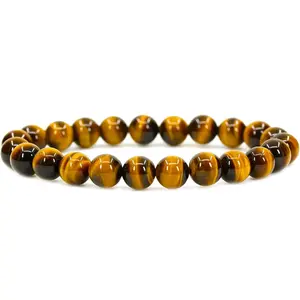 Natural Yellow Golden Tiger Eye Gemstone 8mm Round Beads Triple Protection Healing Crystals Stretch Bracelet 7" Unisex