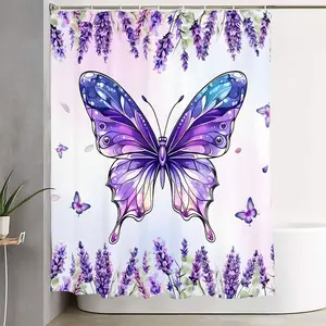1/4pcs Lavender & Purple Butterfly Bathroom Set 4-Piece - Shower Curtain with Toilet Lid Cover, Bath Mat, Floor Mat (Including Hooks) - Perfect for Spring, Easter, Home Decor & Housewarming Gift
