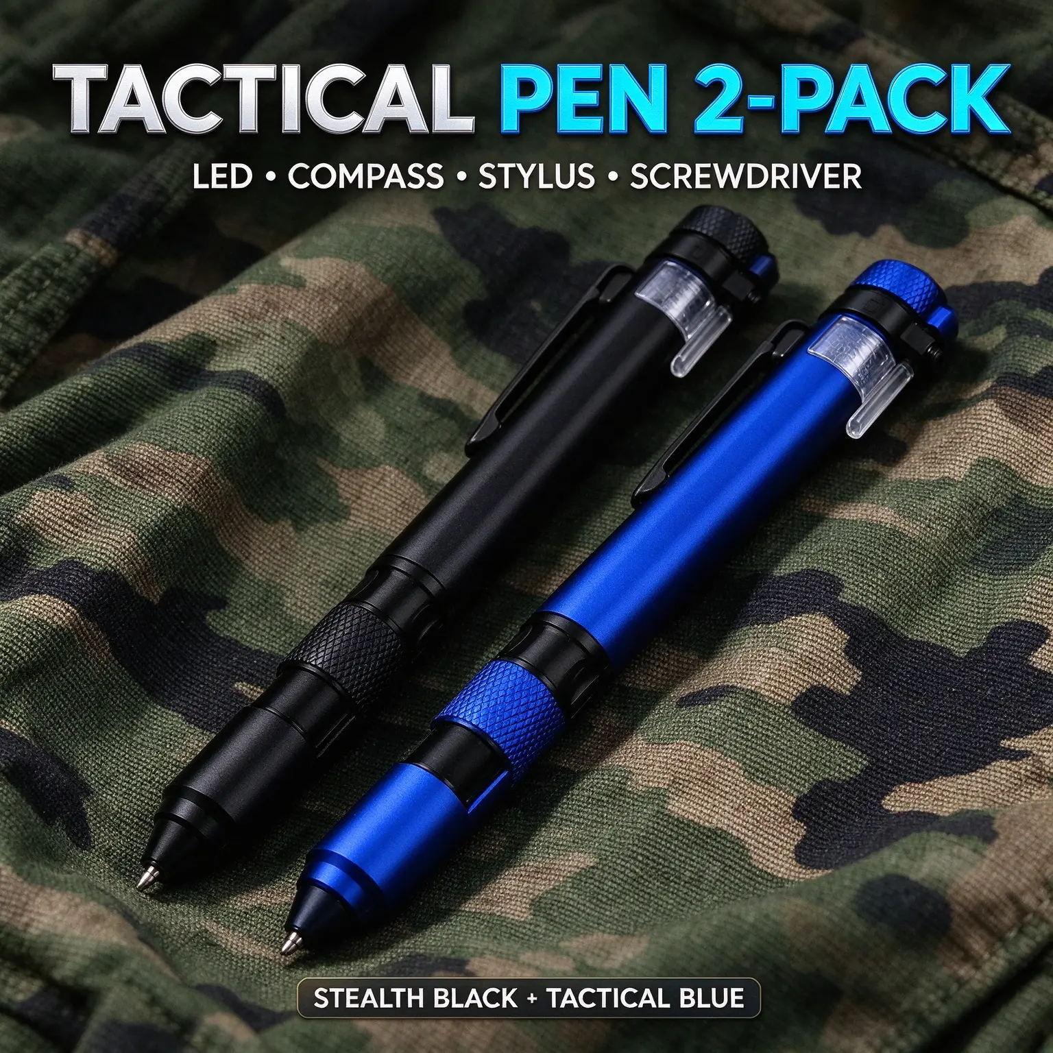6-in-1 Tactical Pen 2 Pack, EDC Multi Tool with LED Light, Compass, Screwdriver, Stylus, Phone Stand & Ballpoint Pen, Outdoor Survival Gear, Black & Blue