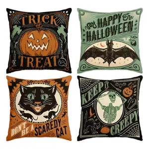 Halloween Themed Cushion Cover, 4 Counts/set Creative Scary Cat & Pumpkin Pattern Throw Pillow Cover without Filler, Household Decoration Supplies for Home Living Room Sofa Bedroom