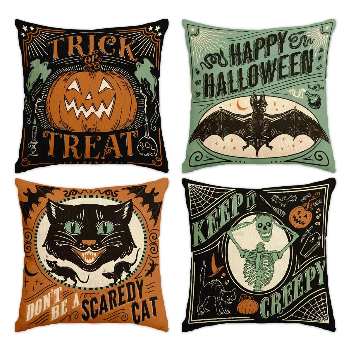 Halloween Themed Cushion Cover, 4 Counts/set Creative Cat & Pumpkin Pattern Throw Pillow Cover without Filler, Household Decoration Supplies for Home