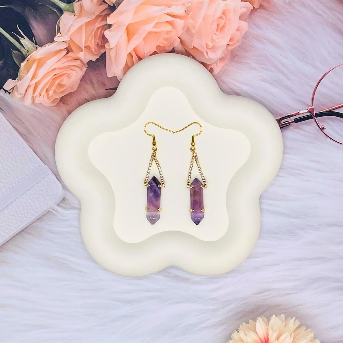 [Magic Crystal] Crystal Point Earrings, Crystal Wand, Crystal Tower, Gemstone, Jewelry, Deals for You Days, Blue Dot, White Turquoise, Gift,  Reiki, Yoga, Energy, Beauty