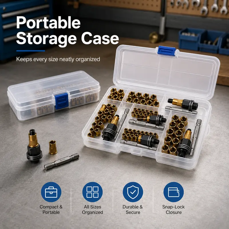Portable transparent rivet nut storage case with organized mandrels bits and inserts