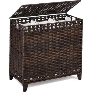 Laundry Hamper with 3 Removable Liner Bags; 132L Handwoven Rattan Laundry Basket with Lid & Heightened ; Clothes Hamper with Side Handles; Laundry Sorter with 3 Separate Sections (Brown)