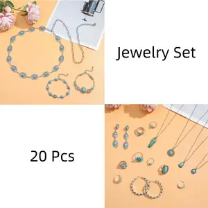 20 Pcs Silver Bohemian Turquoise Jewelry Set for Women – Fashion Costume Necklace Bracelet Ring Earrings Set – Western Style Gift for Women
