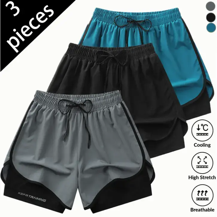 Women’s summer 3-piece quick-dry sports shorts set, cool and breathable hot pants with a faux two-piece design to prevent exposure, suitable for fitness, yoga, and running