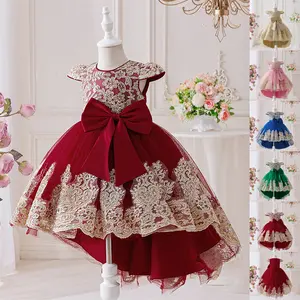 Embroidered Maroon Kids Clothes Bow 6068 Flower Girls Frock Ball Gown Pageant Children Princess Prom Formal Party Cocktail Dress 3-8Y