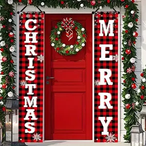 Christmas Porch Decoration Banner Set, Outdoor Banners, & Plaid Background, Polyester Hanging Decorations, Perfect for Holiday Parties