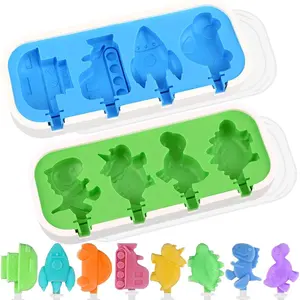 2 Pack Silicone Popsicle Molds with Lid, 4-Cavity Mini Popsicle Molds for  - Cars, Ships, Train, Rocket and Dino Shapes (Green & Blue)
