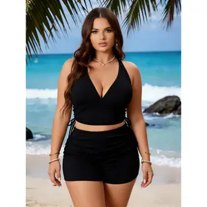 Women's Plus Size 2-Piece Polyamide Blend Swimsuit - Crisscross Back, Adjustable Straps, High-Waisted Shorts with Side Drawstrings, Bathing Suit for Beach Vacation,summervibes Tankini Tops Tankini Bottoms Set