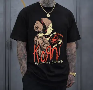 Korn Follow The Leader Walkman Band T-Shirt Menswear Top Heavy Cotton Unisex Oversize Nu Metal Alternative Metal Rock Band Vintage 90s Y2K Graphic Streetwear Cotton Tee for Men and Women Fa