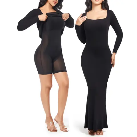 Soo Slick Women's Modal Built-in Faja Shapewear Dress - Plussize, Square Neck, Long Sleeve, Tummy Control, Fupa Control, Bodycon, Casual, Minimalist Sexy Design Highwaist Girdle Fit Black Elegant Chic