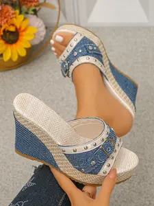 Cowboy studded wedge heel sandals for women, waterproof platform thick soled open toe M ü ller shoes, metal buckle decoration punk style wedge heel sandals, summer vacation style versatile high-heeled sandals for outdoor wear