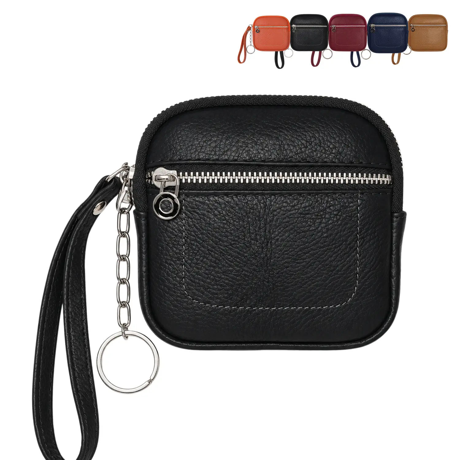 BMTWE Women's Chic Basic Elegant Coin Purse - Cow Hide Plain Casual Square Mini Double-Zipper Pouch Wallet Wristlet Clutch with Wrist Strap, Key Ring, for Credit Cards, Paper Money, Keys, Ideal Women's Gift