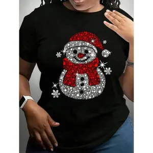 1count Women'S Christmas Snowman Graphic T-Shirt, V-Neck Short Sleeve Casual Top, Polyester Knit Fabric With Slight Stretch, Regular Fit Pullover For Spring SummerCAI KJ