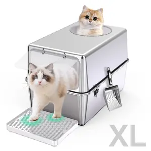 Pet Magic XL Enclosed Stainless Steel Cat Litter Box with Lid and Scoop,Large Cat Litter Box,Top & Front Entry, Odor Control, Easy to Clean,Durable with Round Edge Litterbox