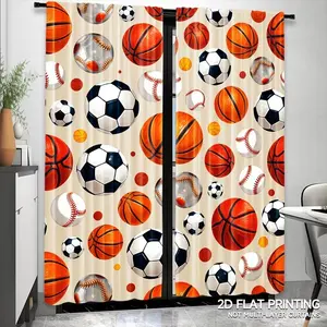 2pcs Sports Ball Pattern Curtains, Active Football and Basketball Design, Polyester, Easy to Hang, Modern Home Decor, Window Curtain