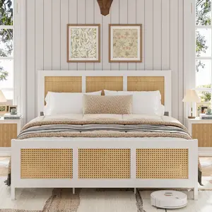 Gaomon King Size Bed Frame with Woven Lattice Boho Rattan Headboard, Strong Metal Slats, Noise-Free Design, No Box Spring Needed, White
