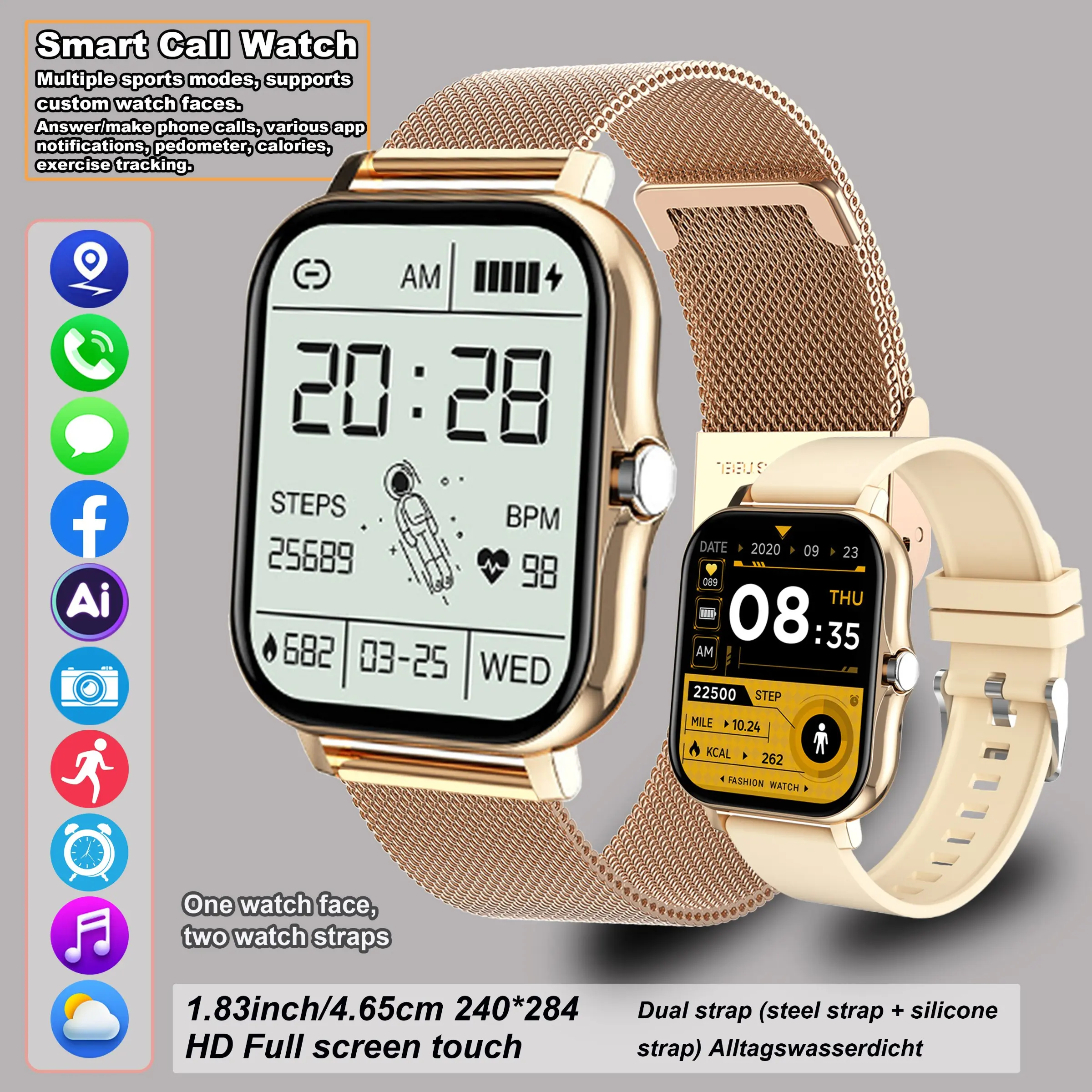 Fashion watch, 1.83-inch HD touchscreen smart sports watch, wireless call answering/making, Smartwatch With Calls, multiple app message notifications, various sports modes and dozens of watch faces, sports tracking, Calling Smart Watch