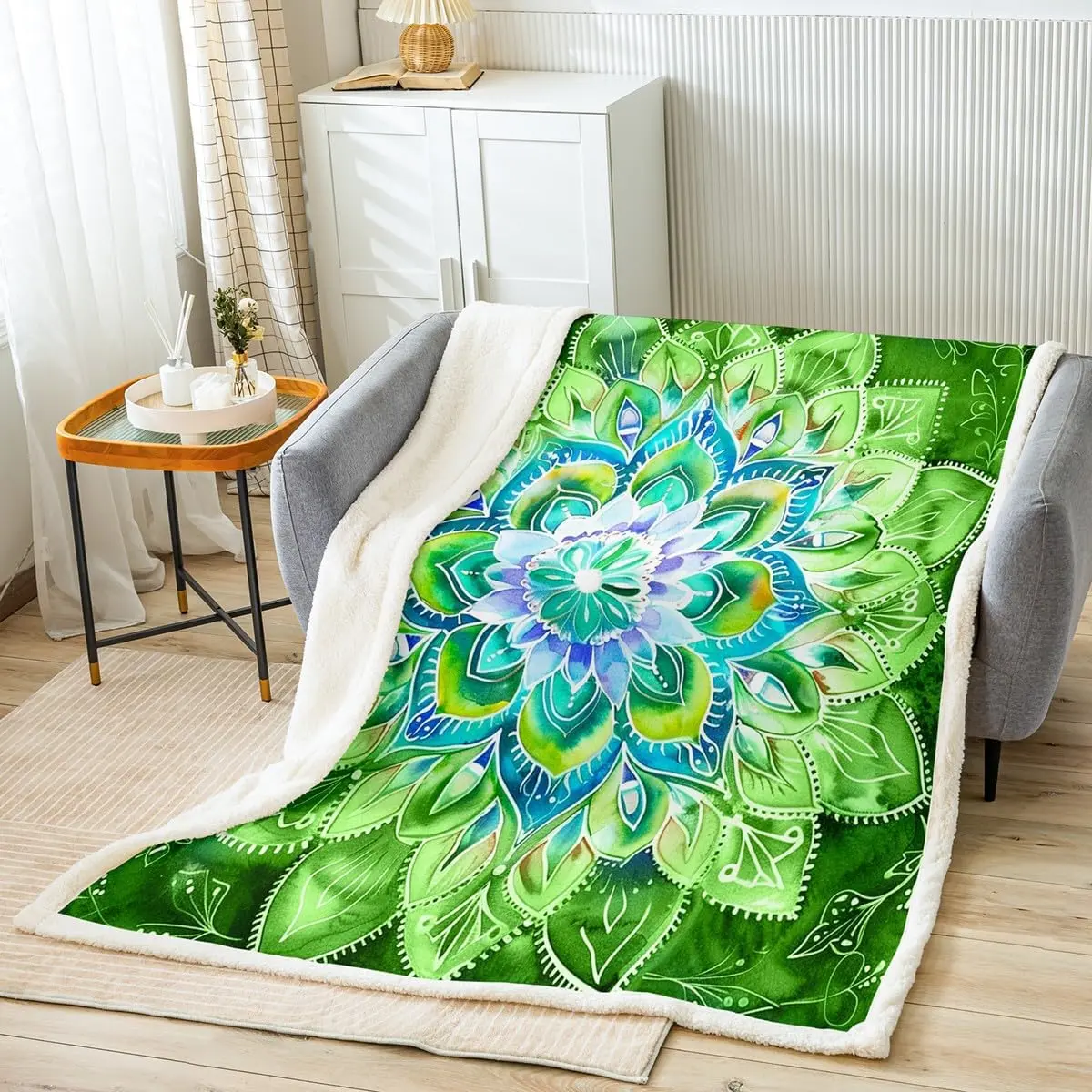 Boho Mandala Fleece Throw Warm Plush Bohemian Style Sherpa Blanket for Sofa,Bed Green,Blue Exotic Floral Fuzzy Botanical Mandala Leaf Room Decor Throw