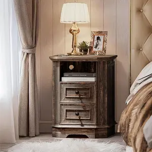 Nightstand with Charging Station, 18" Farmhouse Wooden Bedside Table, Black