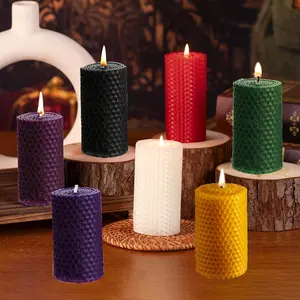 Set of 3 beeswax pillar candles, 4x10cm in size, naturally unscented, honeycomb texture, available in multiple colors, suitable for weddings, home decoration, birthday parties, candlelight dinners, holiday gatherings, Valentine's Day, and Christmas.