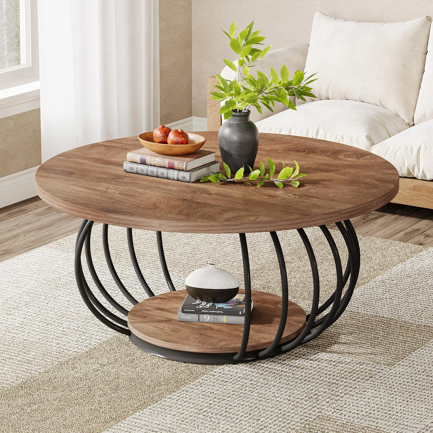 TRIBEWOOD 39.4" Dia. Industrial Round Rustic Coffee Table - 2-Tier Indoor Furniture with Storage Shelf, Metal Frame, for Living Room, Dining Tables, Reception Areas, Assembly Required