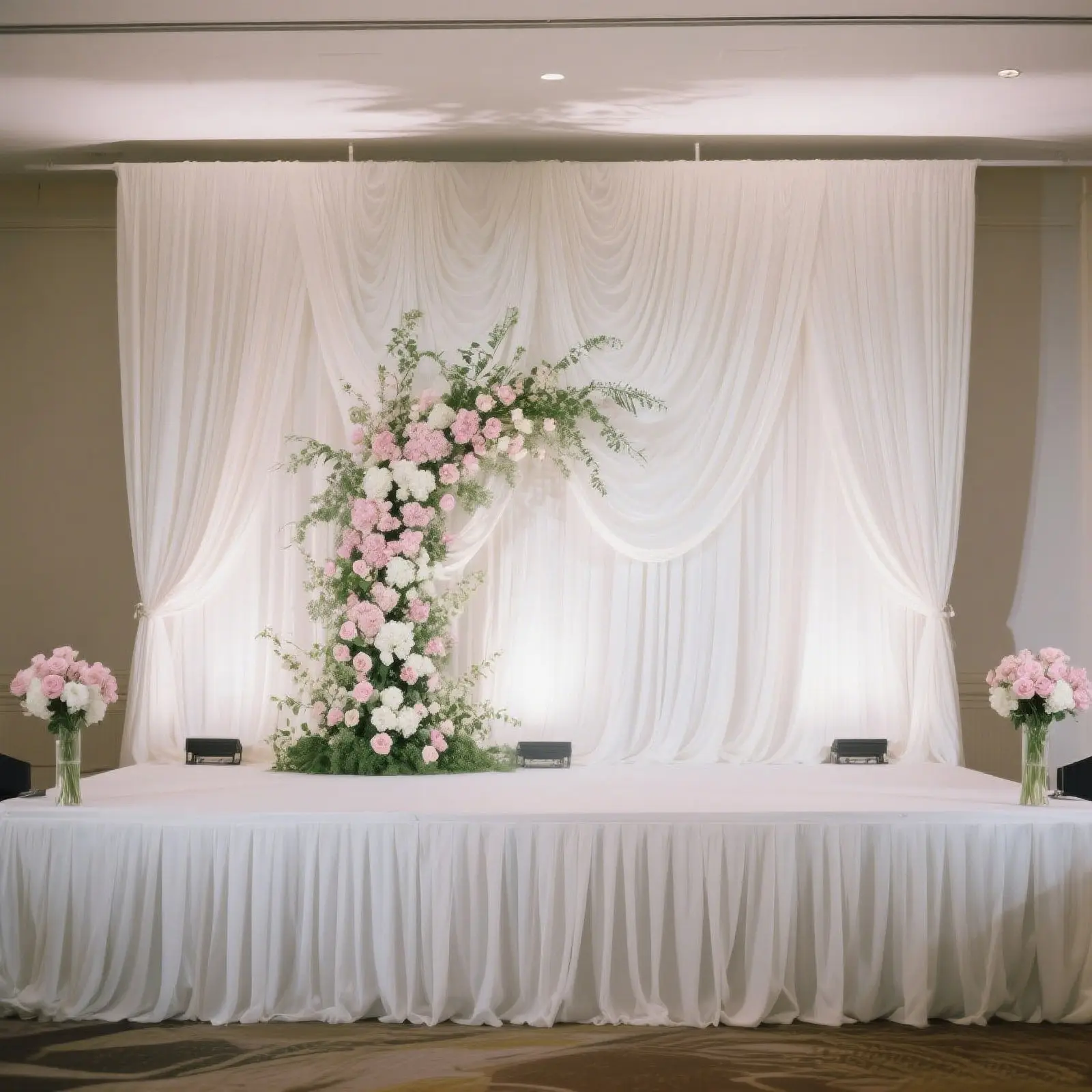 Portable Polyester Shirred Pleated Stage Skirting - 24"x20ft White Machine Washable Fabric Cover, Festive Backdrops & Banners for Wedding Platform, Party Decor, Birthday Events