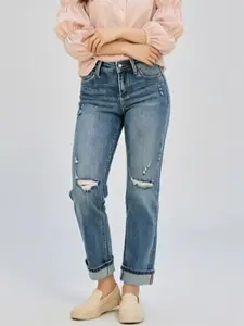 Women's Ripped Mid Waisted Boyfriend Jeans Loose Fit Distressed Stretchy Denim Pants