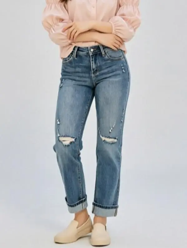 Women's Ripped Mid Waisted Boyfriend Jeans Loose Fit Distressed Stretchy Denim Pants