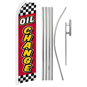 Red Checkered-Plaid Polyester Fabric Advertising Oil Change Banner with 16 ft Tall 5-Piece Steel-Aluminum Super Flag Pole Kit and Curved Sleeve