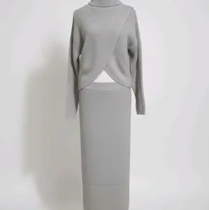 Women's Set Knit WinterFashion Grey Ribbed Turtleneck Top & Matching Skirt Set