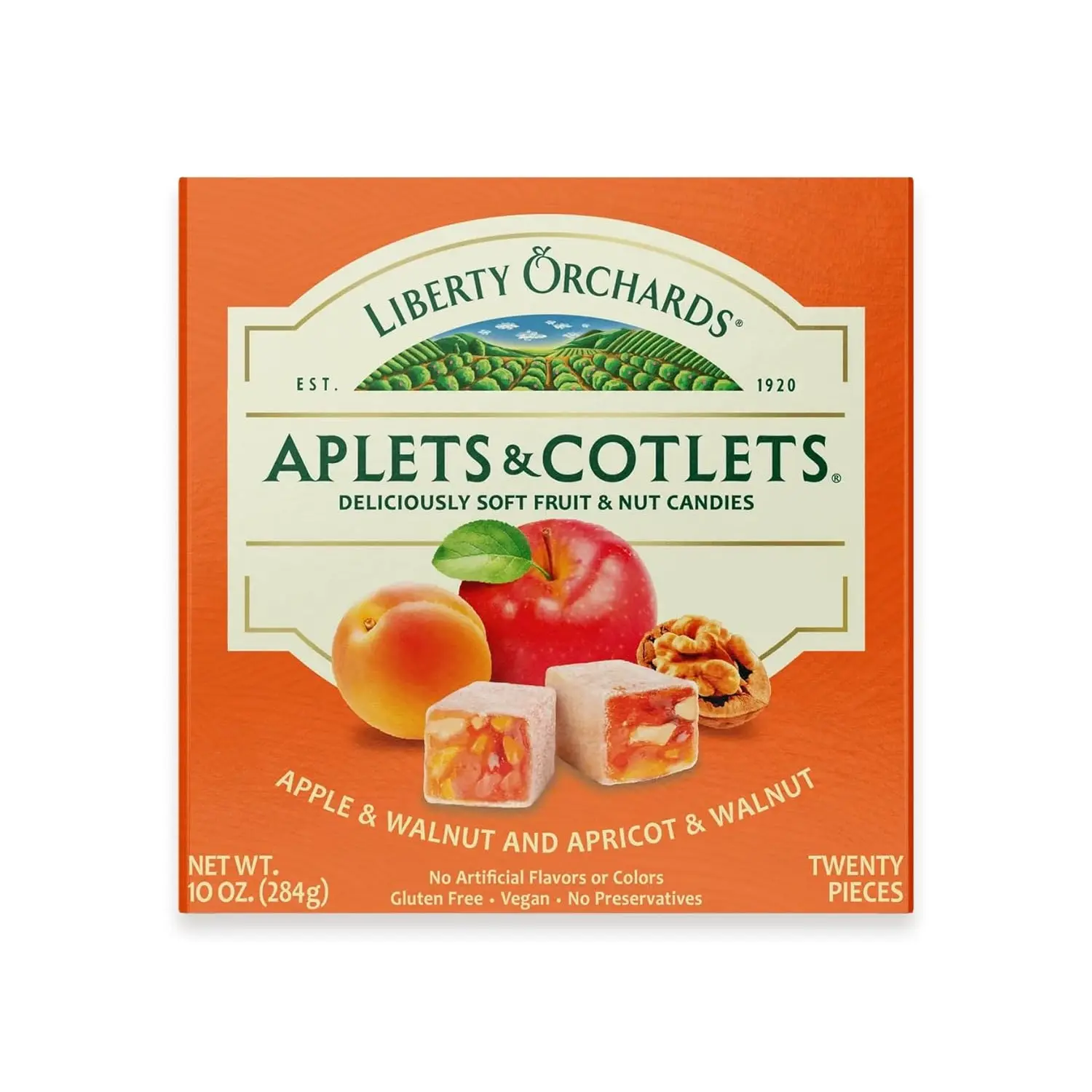 Liberty Orchards Original Aplets & Cotlets - Gourmet Chewy Snack in Gift Box, Gluten Free, Lokum with Nuts, Apricot Walnut Vegan Turkish Delight Candy 10 Oz