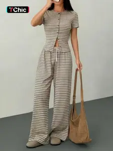 Women's Striped Knitted Short Sleeve Top & Wide Leg Pants Set, Vintage Style, Drawstring Adjustable Button Design, Everyday Casual Fashion