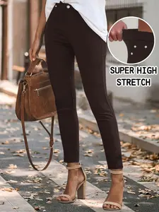 Women's High Waisted Skinny Jeans, Stretchy Slim Fit, Solid Color, Button Detail, All Seasons Wear, Casual Denim Jeans
